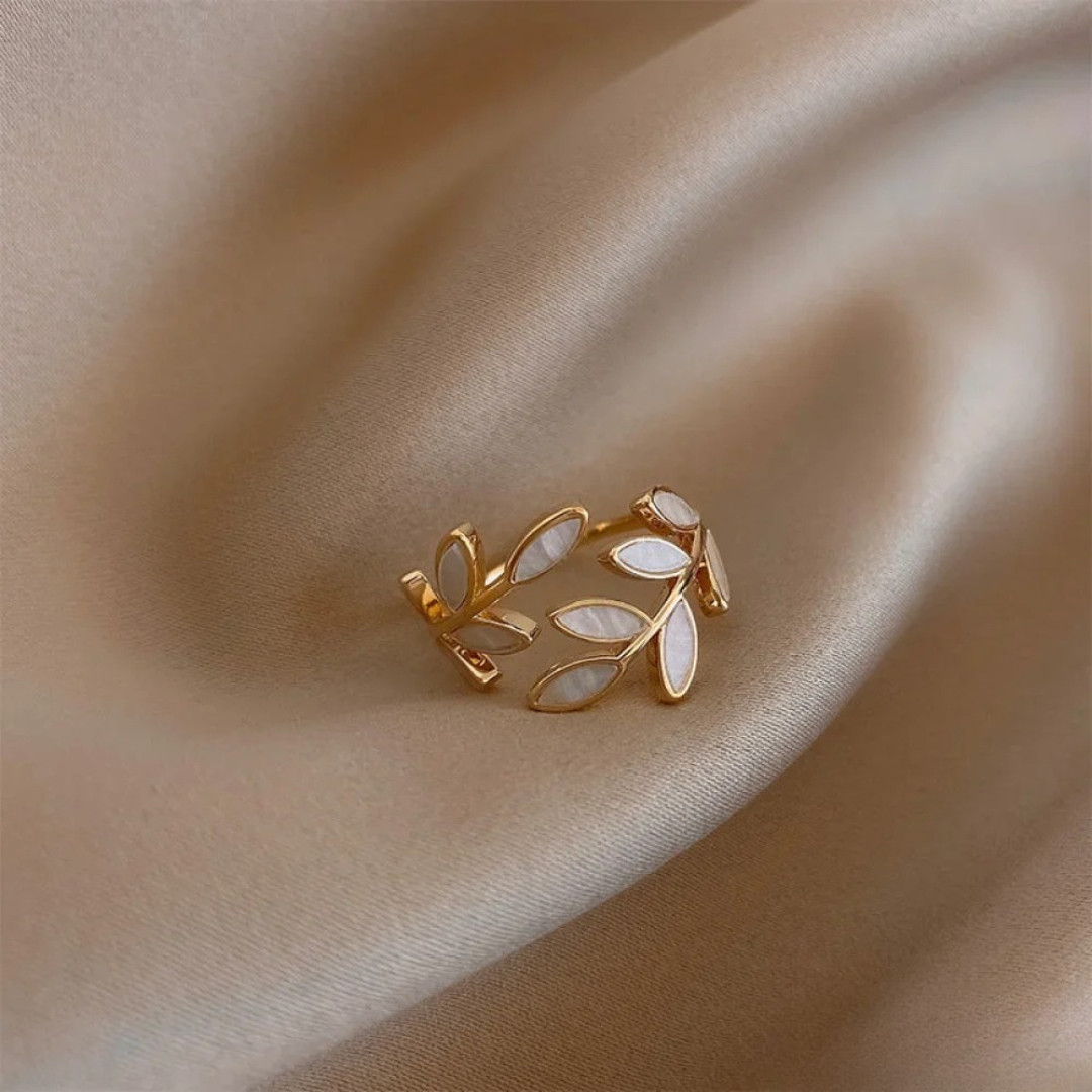 White Opal Leaf Adjustable Ring in Gold