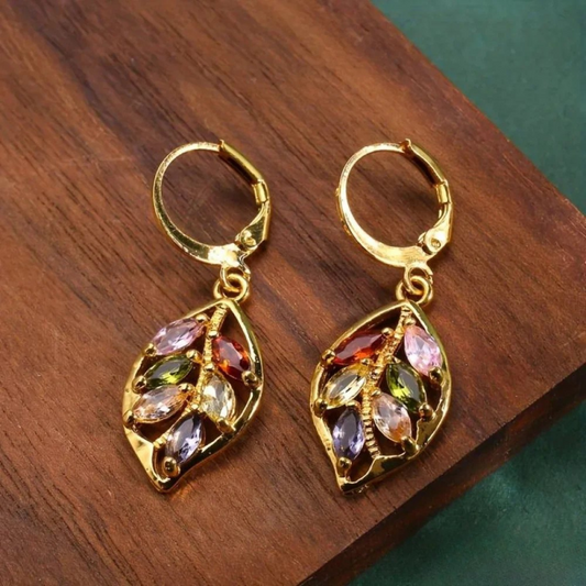 Vintage Golden Leaf Colorful Zirconia Earrings