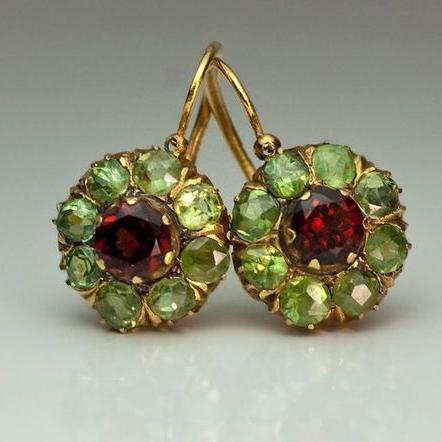 Vintage Rounded Green & Red Crystal Earrings