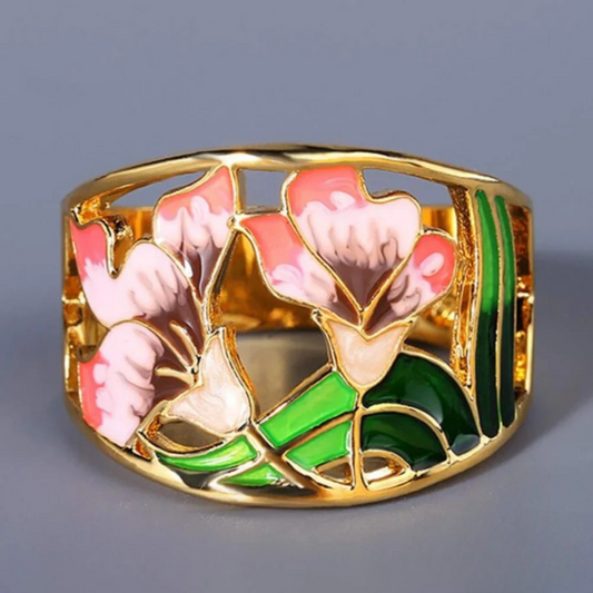 Vintage Golden Enamel Flower Ring